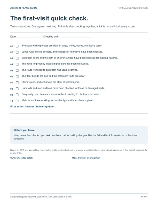 First-page preview of The first-visit quick check, with clear writing fields and soft blue headings