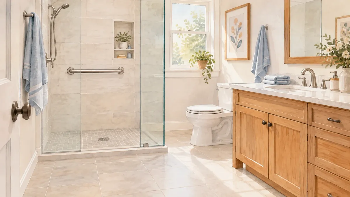 Illustrated home scene for Bathroom safety for older adults: what to check