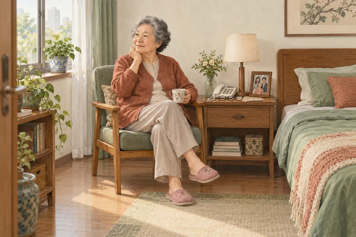 Illustrated home scene for Bedroom safety for older adults: start beside the bed