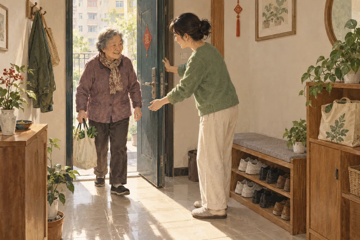 Illustrated home scene for Entrance safety for older adults: keys, bags and shoes