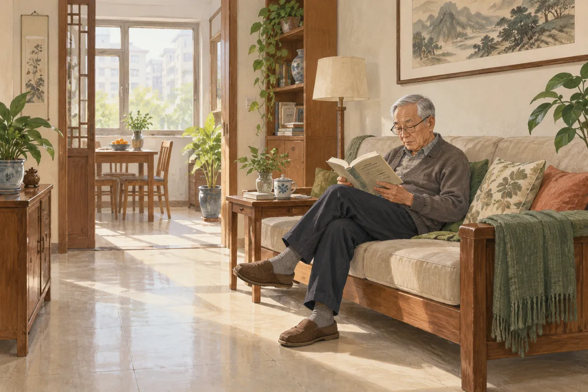 Illustrated home scene for Living room safety: keep everyday things within reach