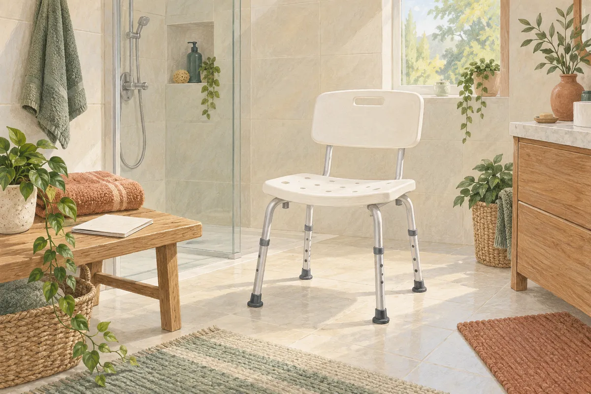 Illustrated home scene for Shower chairs for older adults: what to ask before buying