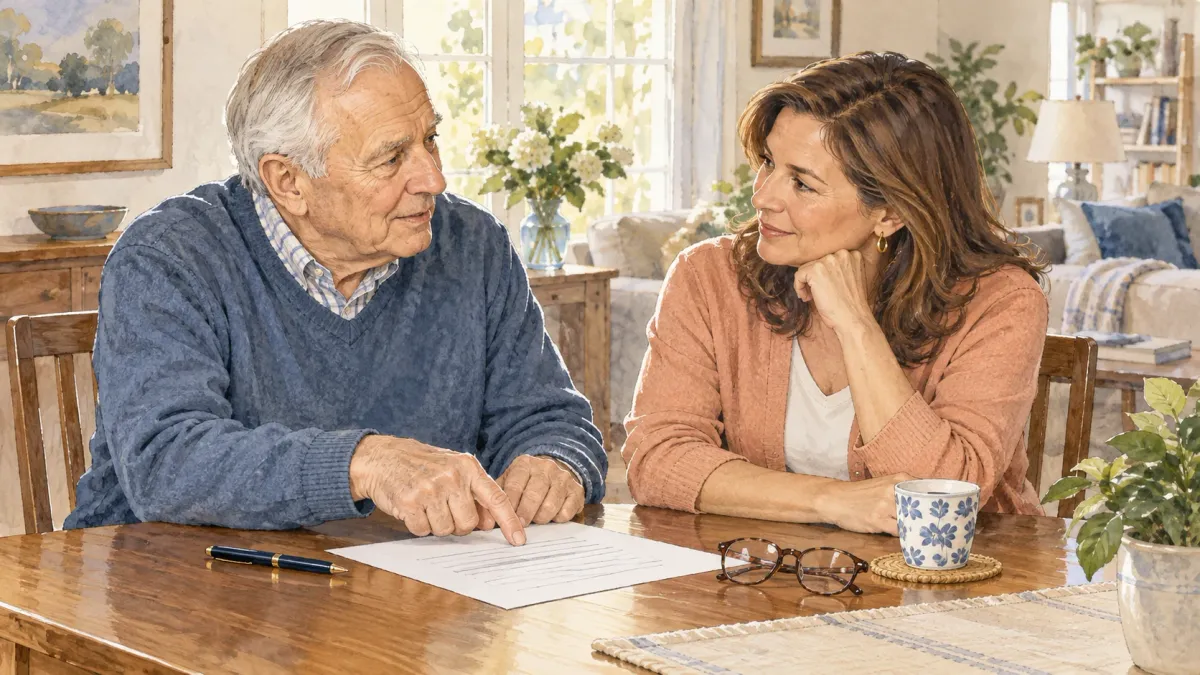 Illustrated home scene for How to talk to aging parents about fall prevention